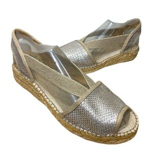 Toni Pons Spain Espadrille Sandals Tan Silver 39 Elastic Cross Straps Peep Toe